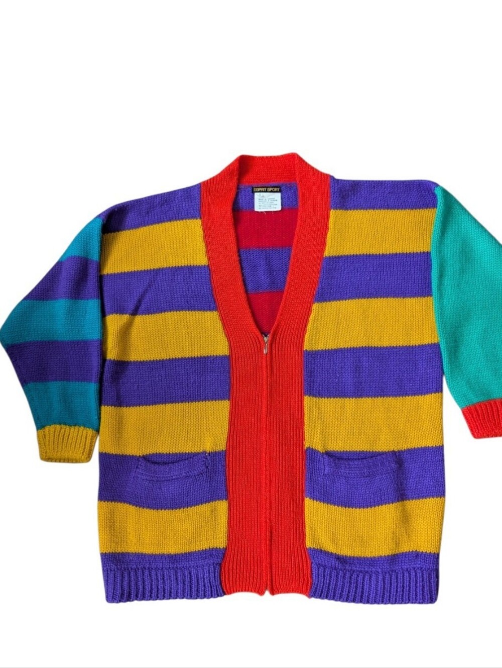 Esprit Colorblock Striped V-Neck Cardigan in Purple, Yellow, Teal & Orange